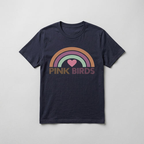 A navy blue short-sleeve t-shirt with a retro-style rainbow graphic and the text 'PINK BIRDS' printed on the chest, displayed flat against a light gray background.